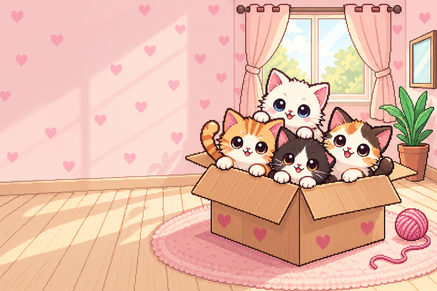 Quatro gatinhos aconchegados em uma caixa de papelão, em uma sala rosa iluminada pelo sol