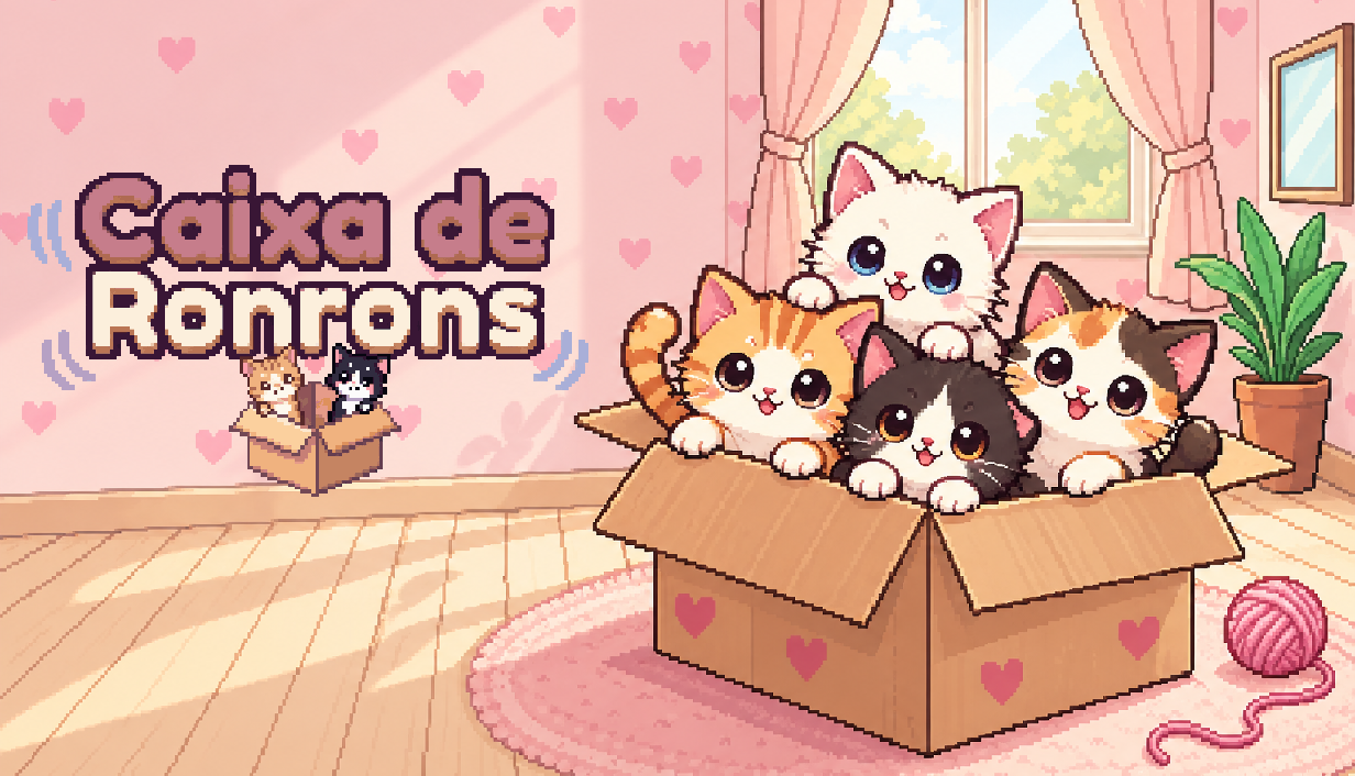 Arte promocional de Caixa de Ronrons com gatinhos em uma caixa
